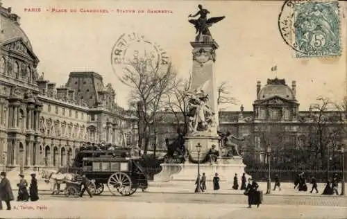Ak Paris I Louvre, Place du Carrousel, Statue von Gambetta, Kutsche