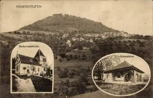 Ak Hohenstaufen Göppingen in Württemberg, Barbarossakirche, Schutzhütte, Panorama