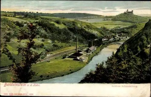 Ak Balduinstein an der Lahn, Brücke, Bahngleise, Schloss Schaumburg