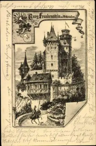 Künstler Ak Mühltal Odenwald, Burg Frankenstein im Mittelalter, Wappen