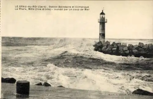 Ak Le Grau du Roi Gard, Station Balneaire et Climatique, Le Phare, Mole (rive droite)