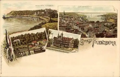 Litho Flensburg in Schleswig Holstein, Strandhotel, Kurhaus, Vogelschau
