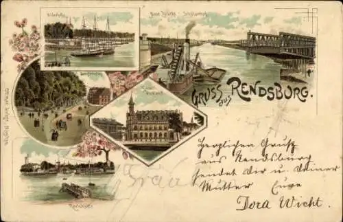 Litho Rendsburg in Schleswig Holstein, Neue Brücke, Post, Segelschiffe