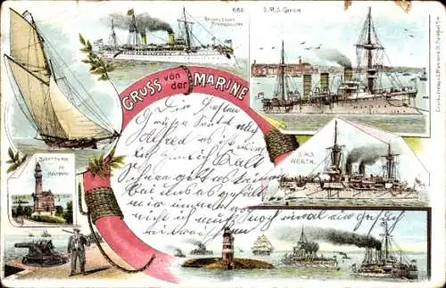 Litho Kaiserliche Marine, SMS Gefion, SMS Wörth, SMY Hohenzollern, Leuchtturm Holtenau