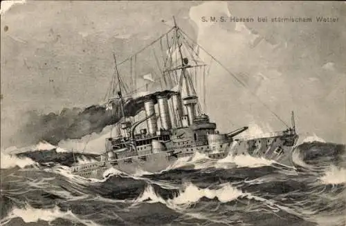 Künstler Ak Deutsches Kriegsschiff, SMS Hessen bei stürmischer See, Kaiserliche Marine