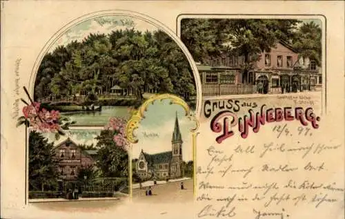 Litho Pinneberg in Schleswig Holstein, Hütte im Fahlt, Kirche, Bahnhofshotel, Gasthof zur Eiche