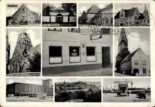 Ak Flensburg in Schleswig Holstein, Nordertor, Kapelle, Bahnhof, Bismarckbrunnen, Thomsens Gasthof