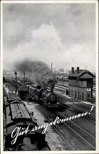 Ak Gut angekommen, Dampflok, Bahnhof