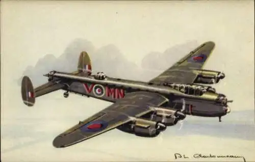 Künstler Ak Britisches Kampfflugzeug Avro 683 Lancaster, Bomber, RAF, II. W.K.