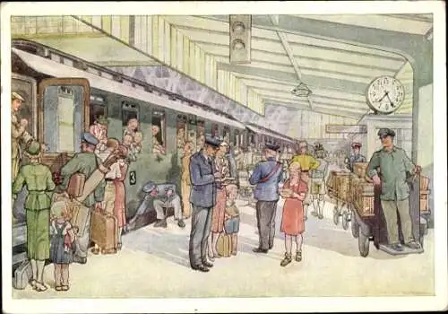 Künstler Ak Ferienfreuden, Reisende auf einem Bahnhof, Eisenbahn