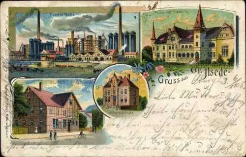 Litho Groß Ilsede in Niedersachsen, Ilseder Hütte, Höhere Schule, Kaufhaus