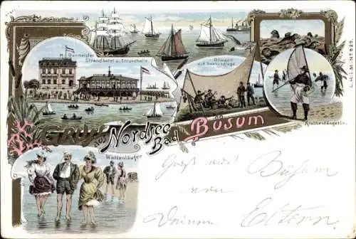 Litho Nordseebad Büsum, Krabbenfängerin, Wattenläufer, Strandhotel