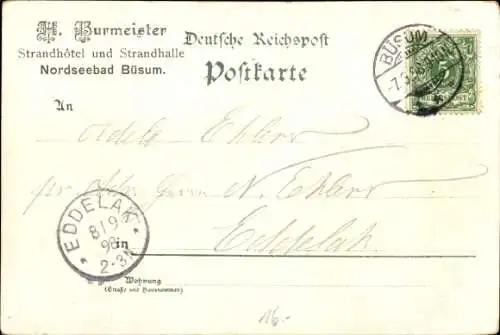 Litho Nordseebad Büsum, Krabbenfängerin, Wattenläufer, Strandhotel