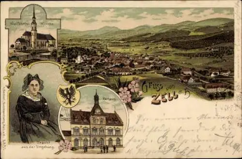 Litho Zell am Harmersbach, Wallfahrtskirche, Rathaus, Tracht, Wappen