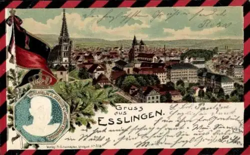 Präge Litho Esslingen am Neckar, König Wilhelm II von Württemberg, Totalansicht