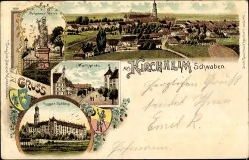 Litho Kirchheim in Schwaben, Fugger-Schloss, Marktplatz, Johannes-Statue, Totalansicht