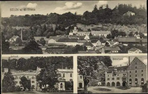 Ak Stein an der Traun Traunreut Oberbayern, Brauhaus, Schloss, Totalansicht