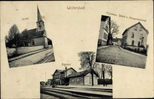 Ak Weiterstadt in Hessen, Bahnhof, Gleisseite, Kirche, Pfarrhaus, Schule, Kriegerdenkmal