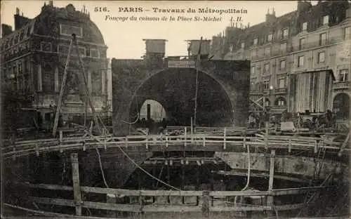 Ak Paris, Versenkungsarbeiten für den U-Bahn-Senkkasten Place St. Michel