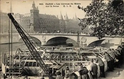 Ak U-Bahn Paris, Travaux du Metro sur la Seine, pont