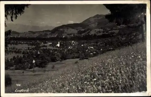 Ak Ludesch Vorarlberg, Blick über Wiese auf Ort, Landschaft