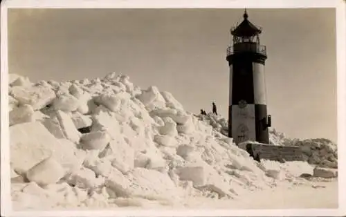 Ak Lotseninsel Schleimünde Kappeln an der Schlei, Leuchtturm, Schneelandschaft