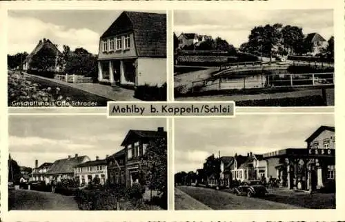 Ak Mehlby Kappeln in Schleswig Holstein, Otto Schrader Geschäftshaus, Wohnhäuser, Tankstelle, Fluss