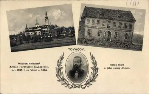 Ak Tovačov Region Olmütz, Komponist Arnošt Förchtgott Tovačovský, Schule, Ortsansicht