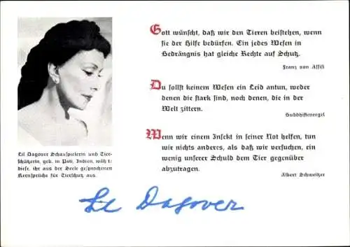 Ak Schauspielerin Lil Daagover, Tierschützerin, Zitate, Du sollst keinem Wesen ein Leid antun...