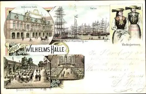 Litho Hamburg Mitte Altstadt, Gasthaus Wilhelms Halle, Innenansicht, Hafen, Vierländerinnen