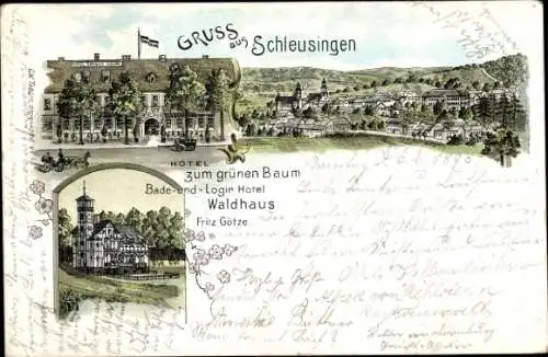 Litho Schleusingen in Thüringen, Hotel zum grünen Baum, Totalansicht