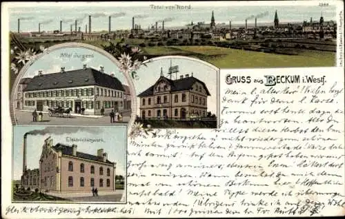 Litho Beckum in Westfalen, Hotel Jürgens, Totalansicht, Elektrizitätswerk, Post