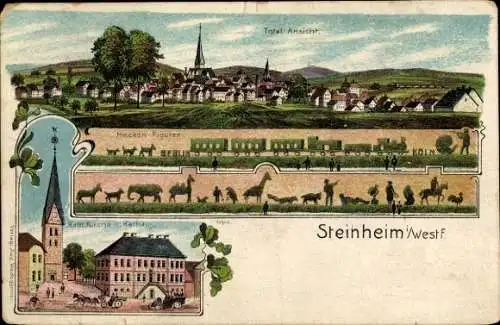 Litho Steinheim in Westfalen, Gesamtansicht, Kath. Kirche, Rathaus, Heckenfiguren