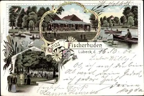 Litho Lübeck in Schleswig Holstein, Fischerbuden, Bootsfahrt, Terrassenpartie