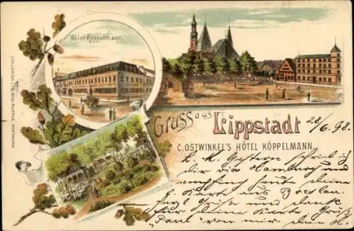 Litho Lippstadt in Westfalen, Platz, Kirche, C. Ostwinkel's Hotel Köppelmann, Hotelgarten