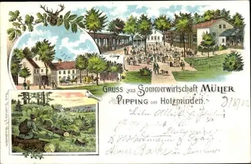 Litho Pipping Holzminden im Weserbergland, Sommerwirtschaft Müller, Jagdszene