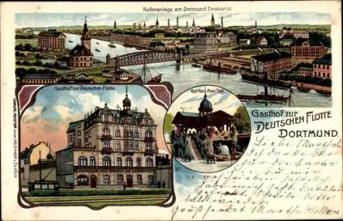 Litho Dortmund im Ruhrgebiet, Hafenanlage am Kanal, Gasthof zur deutschen Flotte, Garten Pavillon