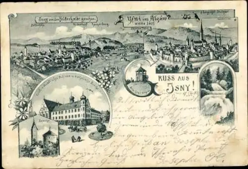 Litho Isny im Allgäu, Schloss, Kirche, Stadtansichten