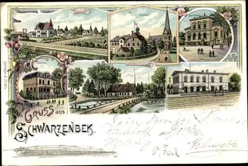 Litho Schwarzenbek in Lauenburg, Kirche, Schule, Bahnhof, Sparkasse