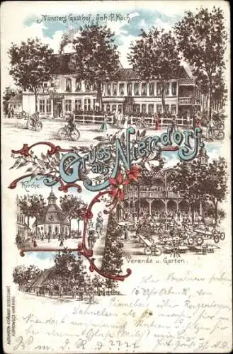 Litho Hamburg Eimsbüttel Niendorf, Münsters Gasthof, Kirche