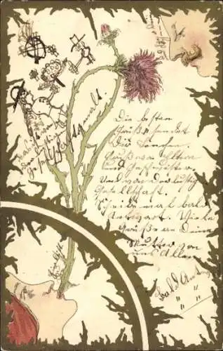 Jugendstil Litho Distel wächst aus dem Mund einer Frau, Mann
