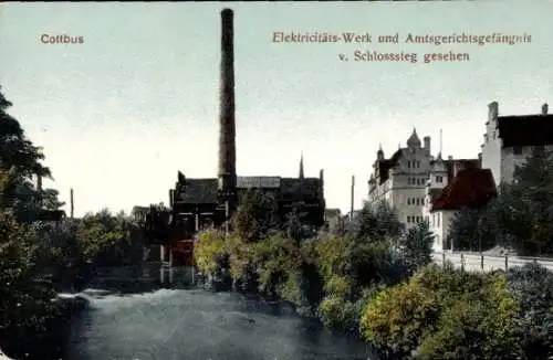 Ak Cottbus in der Niederlausitz, Elektrizitäts-Werk, Amtsgerichtsgefängnis, Schlosssteg