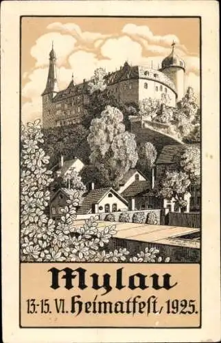 Künstler Ak Mylau Reichenbach im Vogtland, Blick zur Burg, Heimatfest 1925