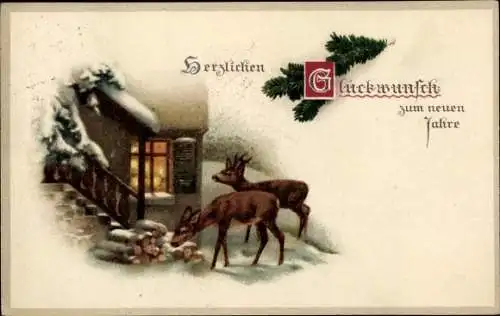 Litho Fröhliches Neujahr, Zwei Rehe vor einem Haus, Schnee, Feuerholz