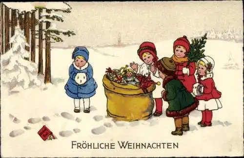 Ak Frohe Weihnachten, Kinder am Waldrand, Geschenkesack, Fußspuren