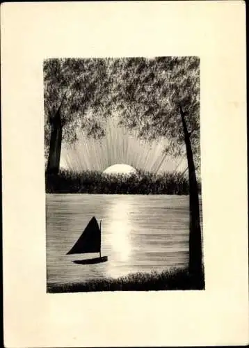 Handgemalt Ak Segelboot auf dem Wasser, Sonnenuntergang
