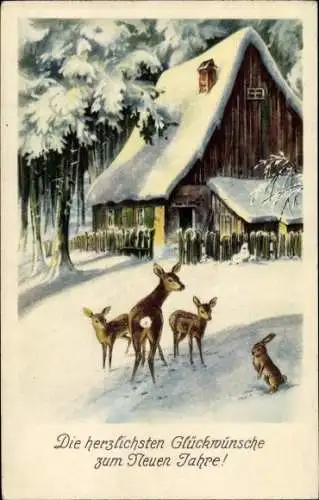 Ak Fröhliches Neujahr, Verschneites Haus am Waldrand, Rehe, Hase