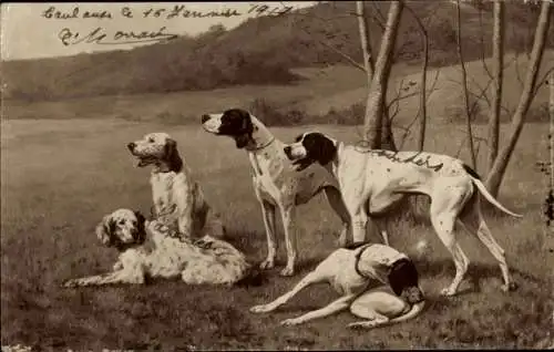 Künstler Ak Thevenin, H., Jagdhunde auf einem Feld
