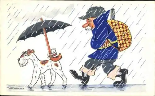 Ak Terrier mit Regenschirm am Schwanz, Jäger im Regen