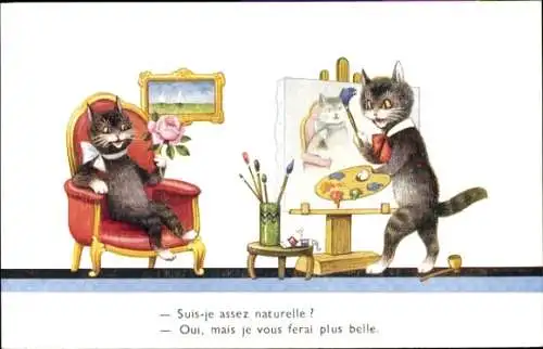 Ak Vermenschlichte Katzen, Maler, Modell